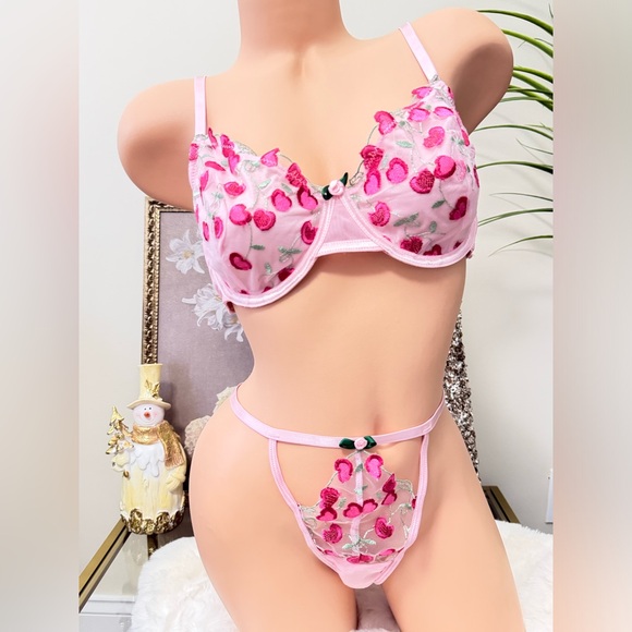 Pink Floral Embroidered Lingerie 2 pcs bra Set - Picture 2 of 7